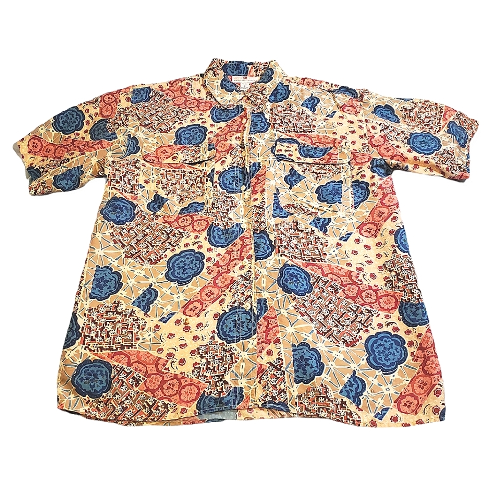 VINTAGE STUNT COLLECTION | Men's tan medallion floral print silk shirt. Size L.